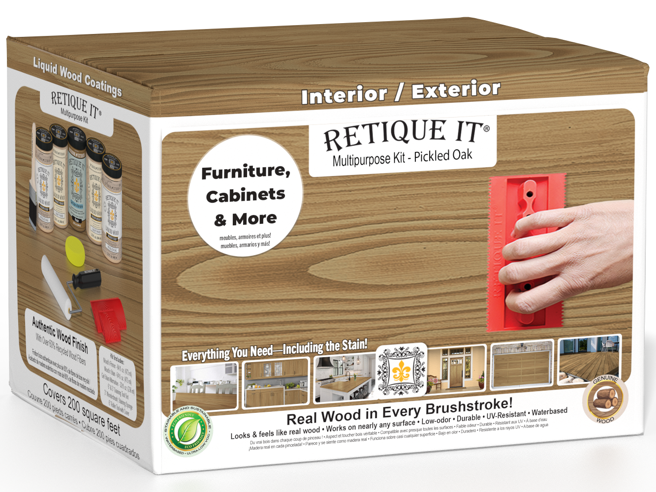 Large Wood'n Kit by Retique It® in Pickled Oak finish, featuring a box of wood finishing tools and supplies for DIY projects.