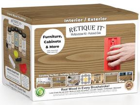 Large Wood'n Kit by Retique It® in Pickled Oak finish, featuring a box of wood finishing tools and supplies for DIY projects.
