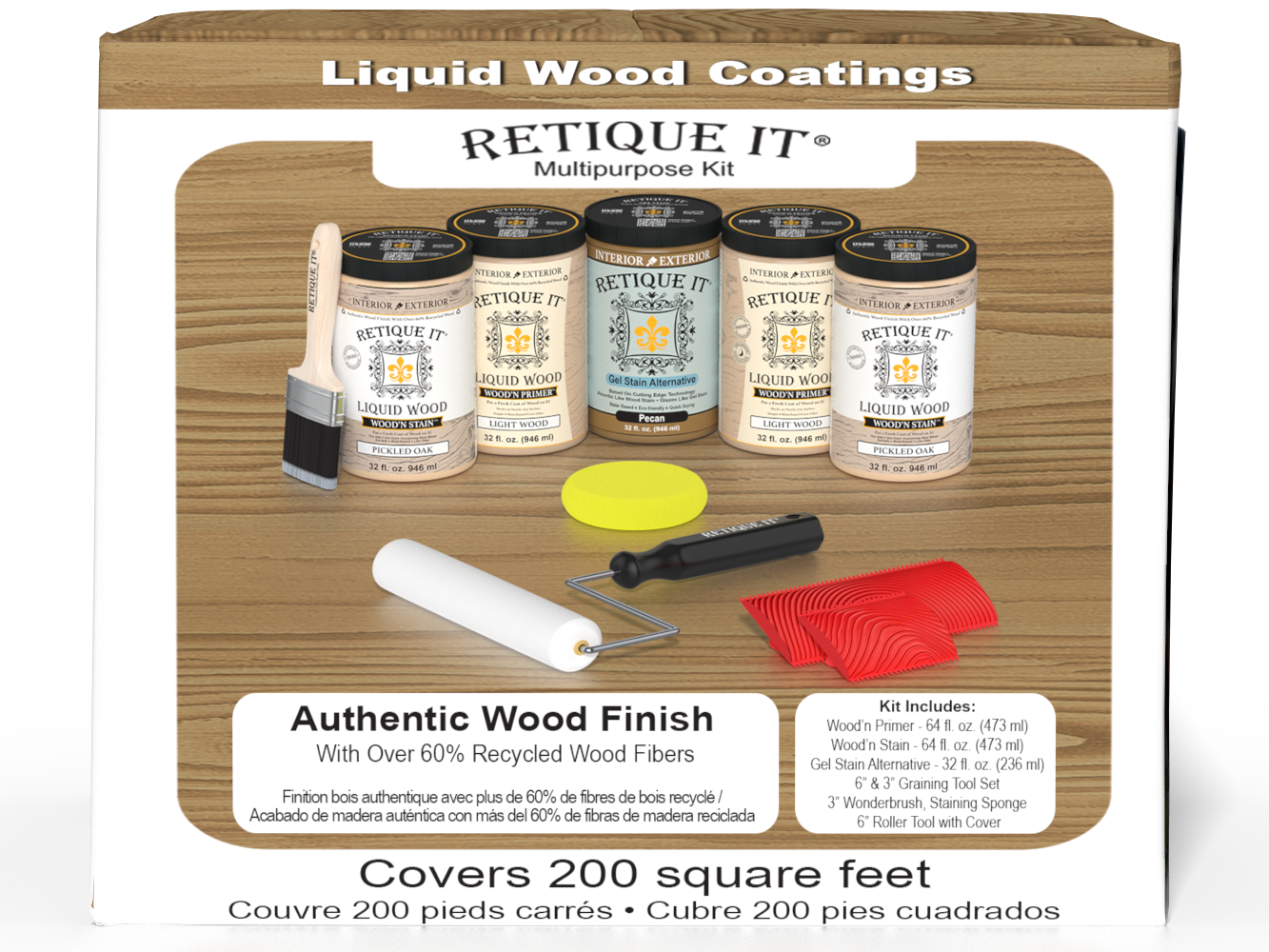 Large Pickled Oak Wood'n Finish Kit by Retique It® featuring wood finishing tools and products in a box.