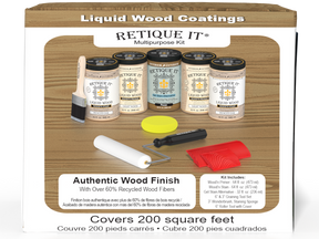 Large Pickled Oak Wood'n Finish Kit by Retique It® featuring wood finishing tools and products in a box.