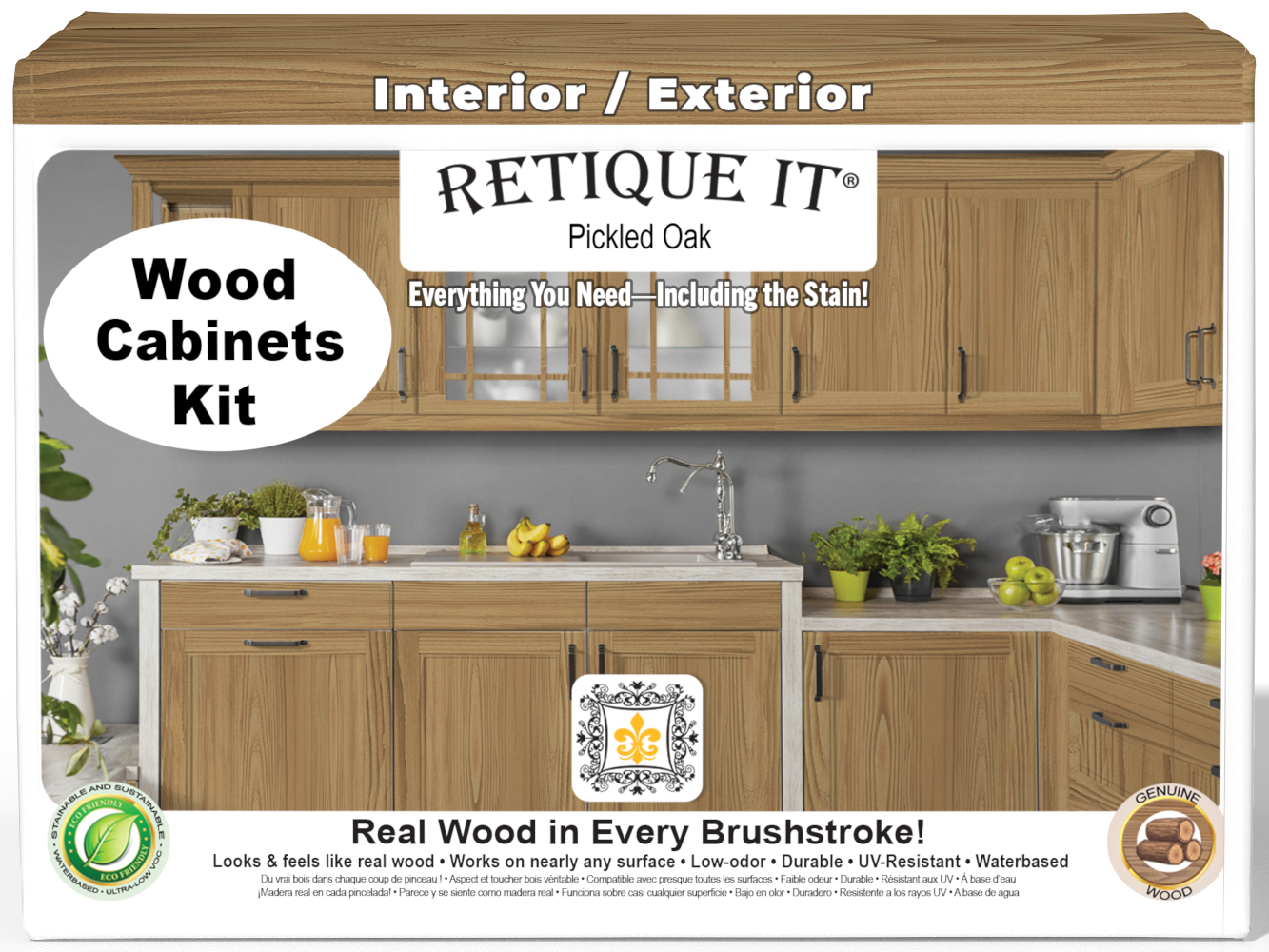 Retique It® Wood'n Cabinet Kit in Pickled Oak with 24 grained doors, featuring natural wood stain and cabinet fronts.