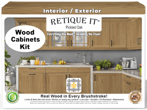 Retique It® Wood'n Cabinet Kit in Pickled Oak with 24 grained doors, featuring natural wood stain and cabinet fronts.
