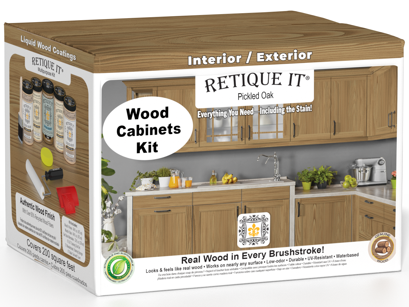 Retique It® Wood'n Cabinet Kit with pickled oak stain, showcasing 24 grained cabinet doors and wood stain application