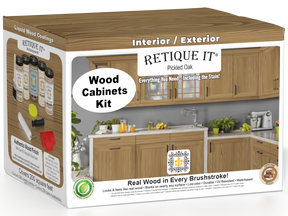 Retique It® Wood'n Cabinet Kit with pickled oak stain, showcasing 24 grained cabinet doors and wood stain application