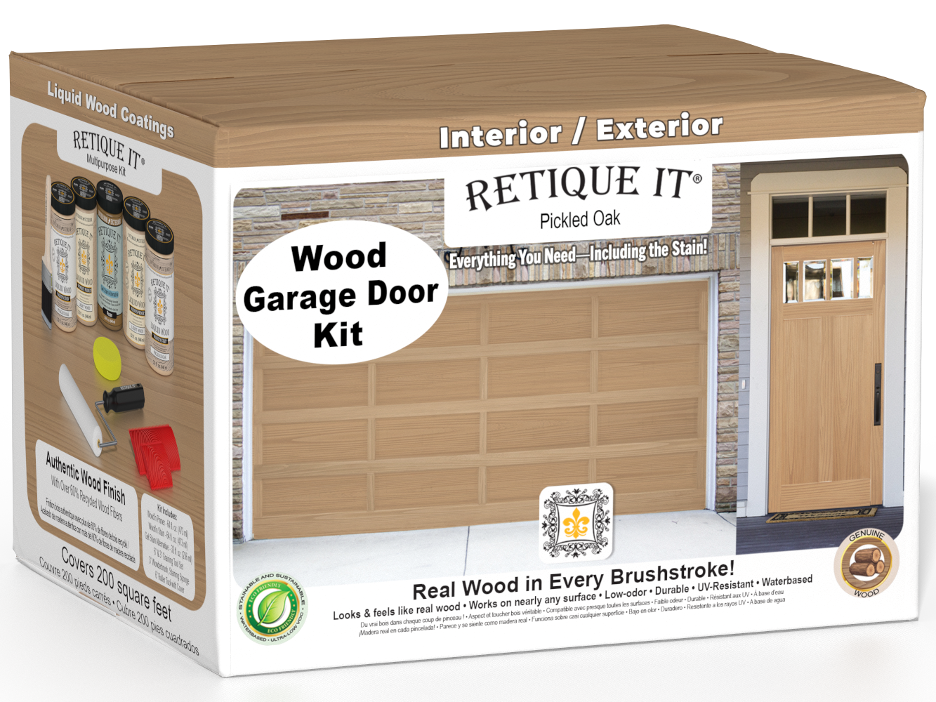 Retique It® Pickled Oak Wood Garage Door Kit box featuring garage door and entry door wood finish transformation.