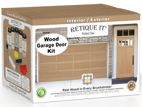 Retique It® Pickled Oak Wood Garage Door Kit box featuring garage door and entry door wood finish transformation.