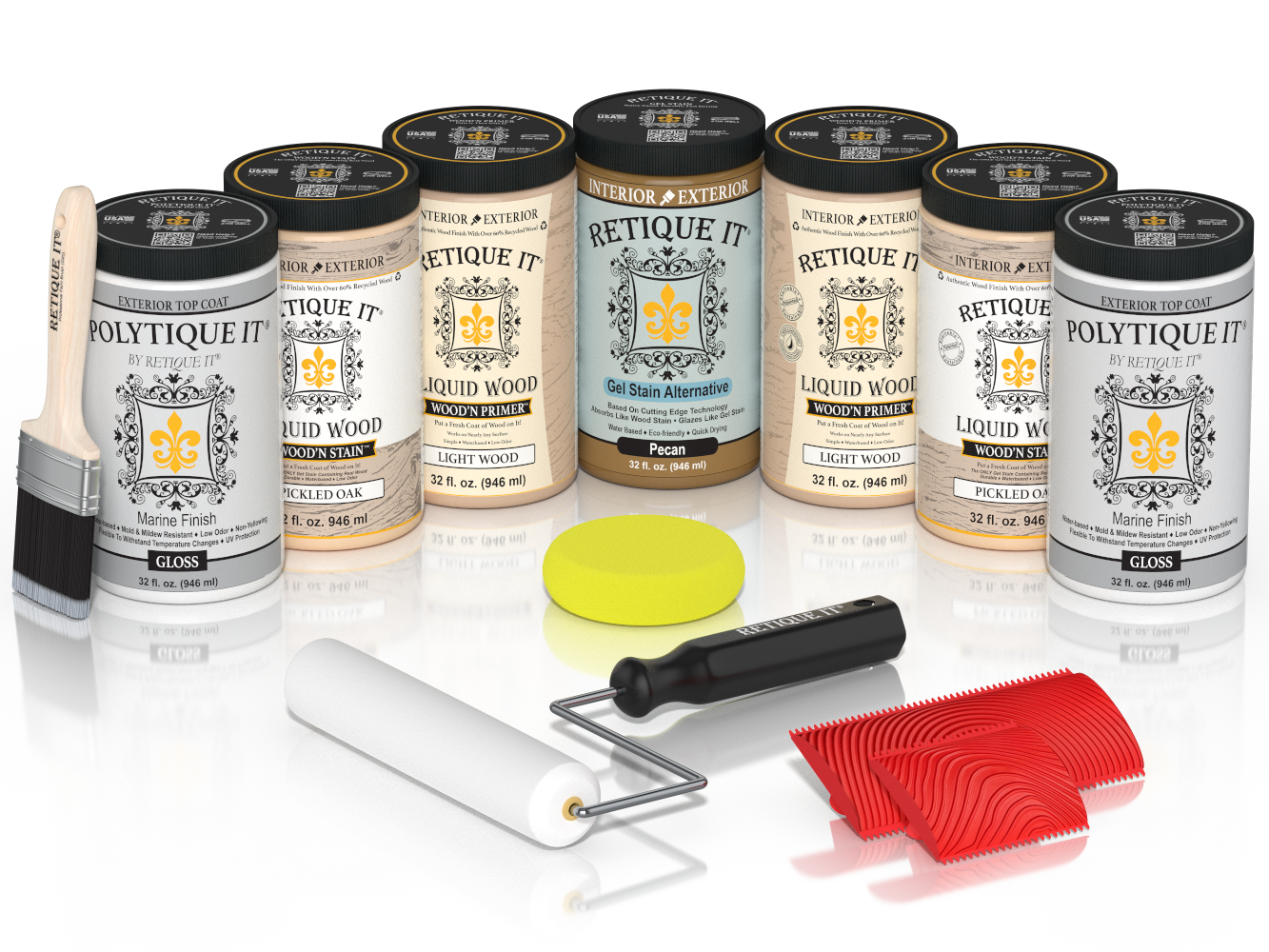 Retique It® Pickled Oak Kit with Liquid Wood®, Pecan Gel Stain Alternative, Politique It® Gloss Finish, yellow sponge, red graining tool, rollers, and brush.