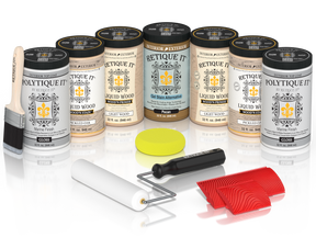 Retique It® Pickled Oak Kit with Liquid Wood®, Pecan Gel Stain Alternative, Politique It® Gloss Finish, yellow sponge, red graining tool, rollers, and brush.
