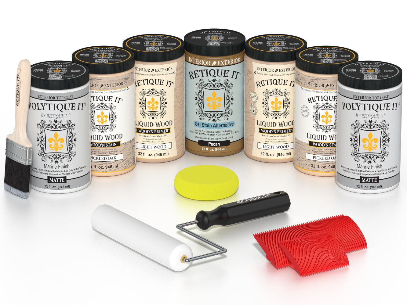 Retique It® Pickled Oak Kit with Liquid Wood®, Pecan Gel Stain Alternative, Politique It® Matte Finish, yellow sponge, red graining tool, roller, and brush.