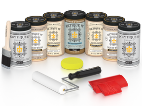 Retique It® Pickled Oak Kit with Liquid Wood®, Pecan Gel Stain Alternative, Politique It® Matte Finish, yellow sponge, red graining tool, roller, and brush.