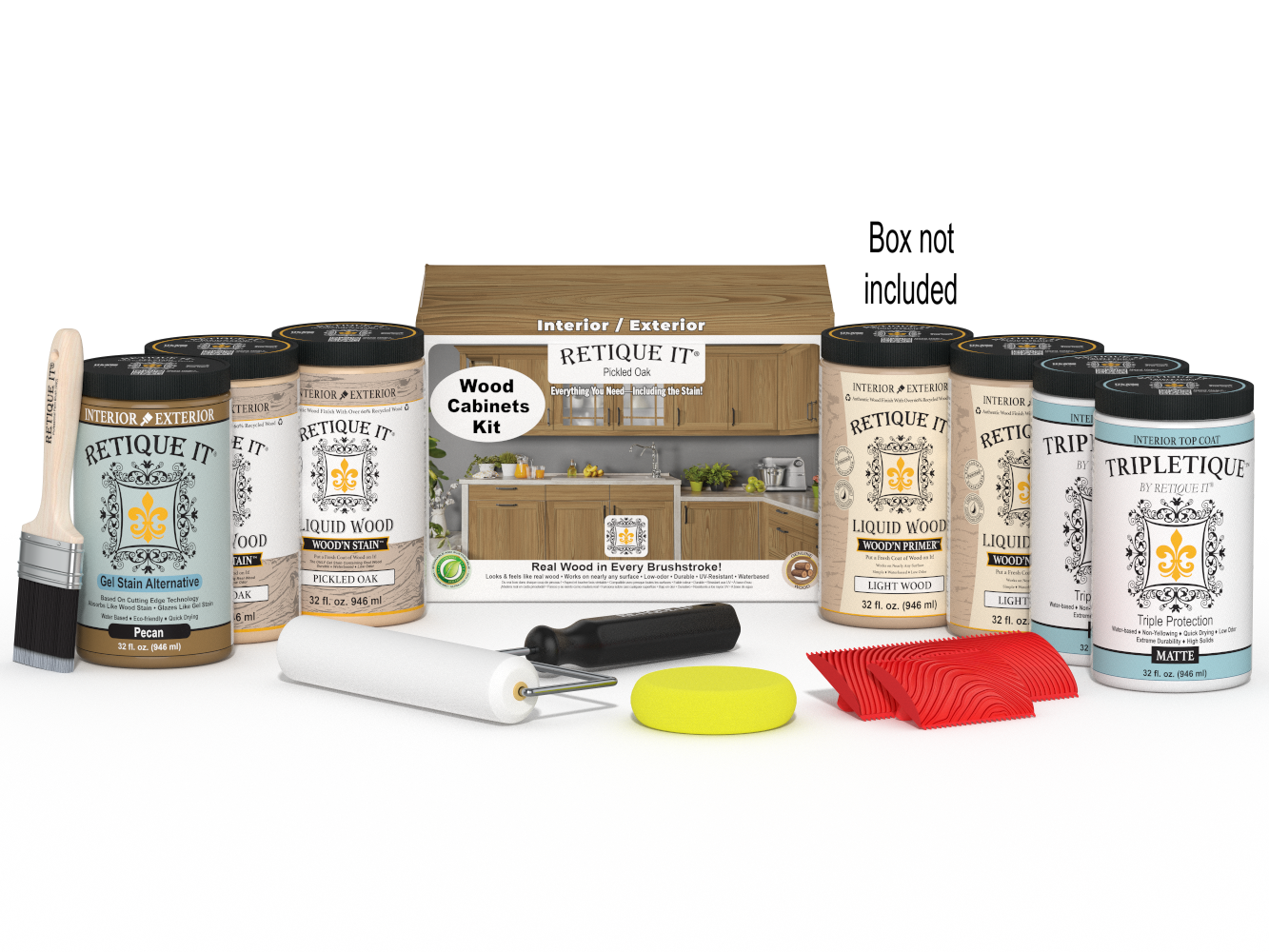 Retique It® Wood'n Cabinet Kit with 24 pickled oak grain doors, stain kit for kitchen cabinet refinishing.