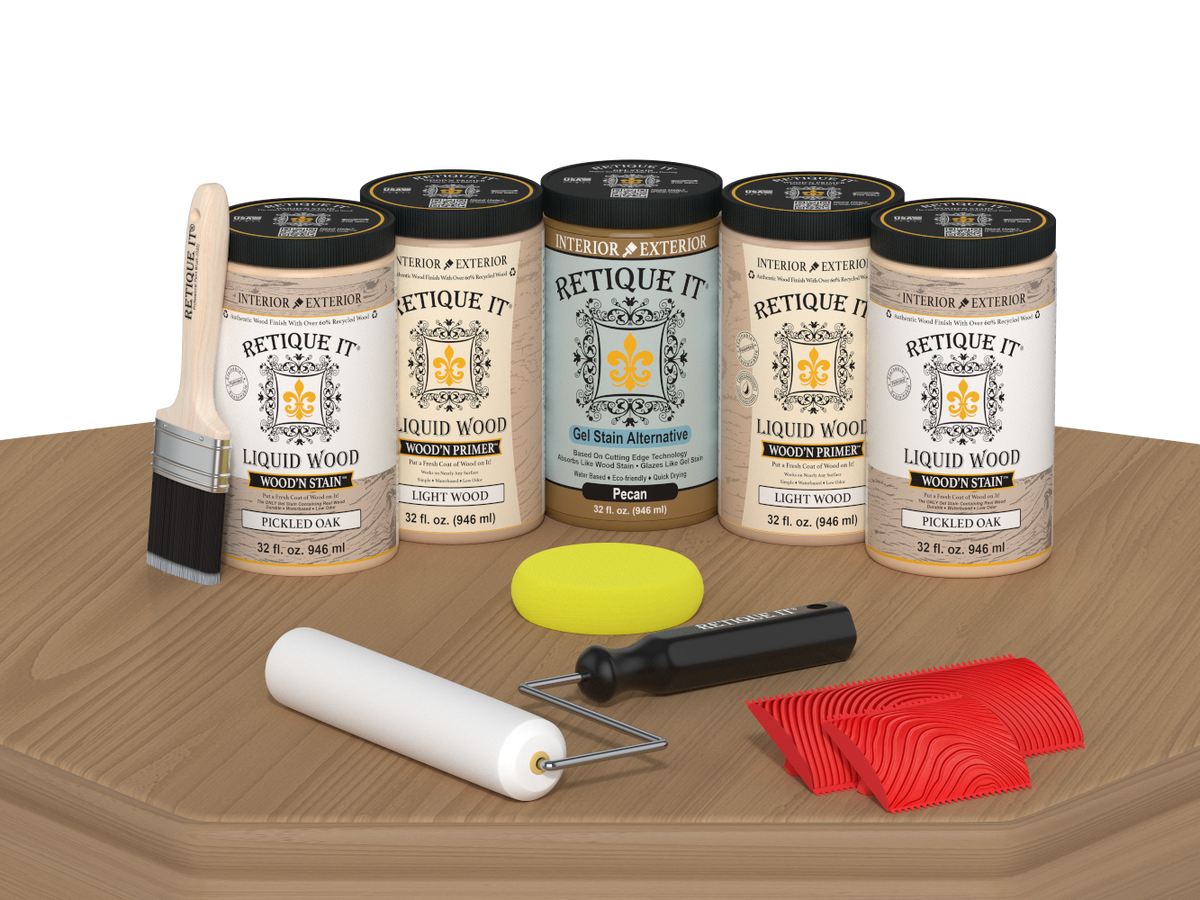 Retique It® Wood'n Cabinet Kit with pickled oak stain, 24 grained cabinet doors displayed on a table.