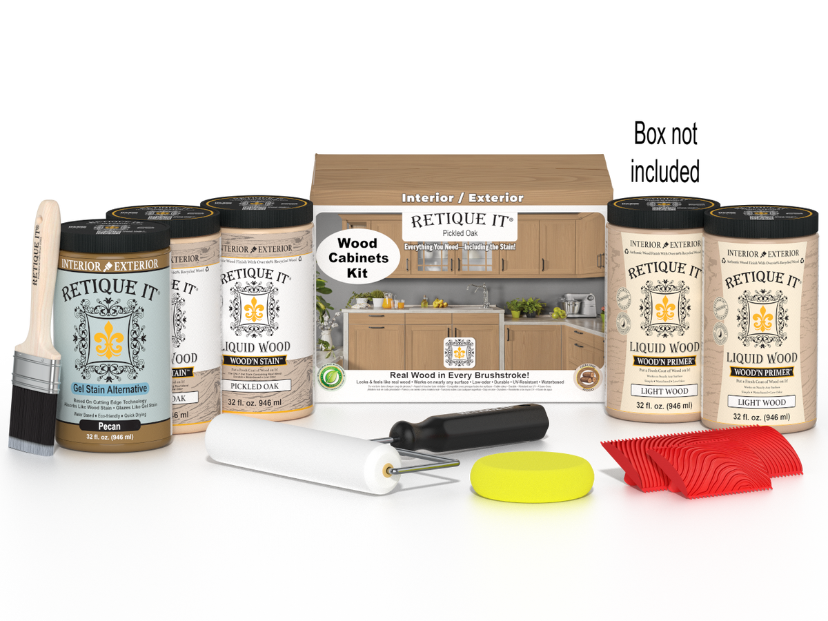 Retique It® Wood'n Cabinet Kit with 24 pickled oak grained cabinet doors and stain, showing textured wood grain and door panels.