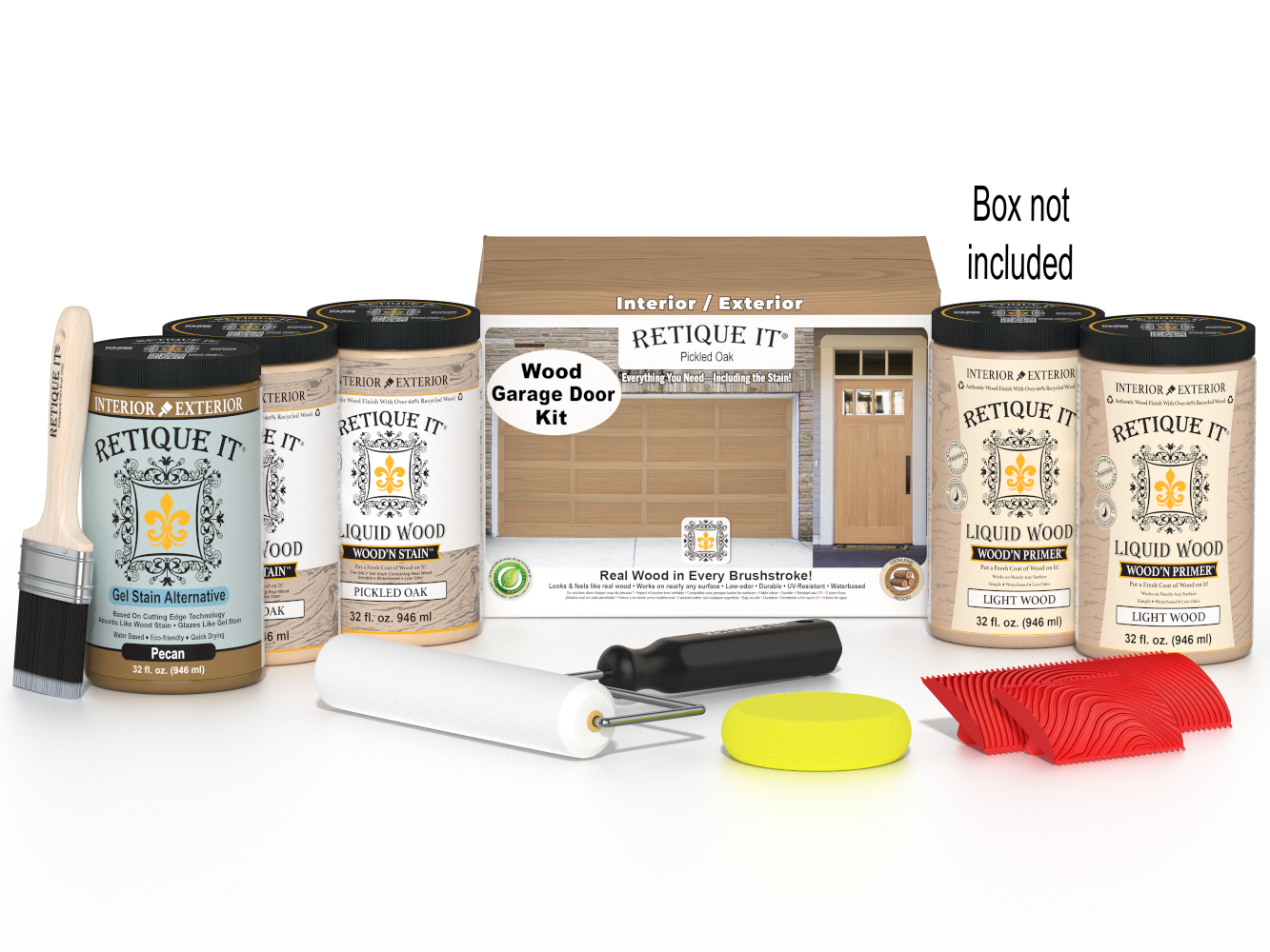 Retique It® Pickled Oak Wood Garage Door Kit with Liquid Wood®, Pecan Gel Stain Alternative, yellow sponge, red graining tool, roller, brush, and kit box.