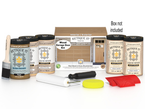 Retique It® Pickled Oak Wood Garage Door Kit with Liquid Wood®, Pecan Gel Stain Alternative, yellow sponge, red graining tool, roller, brush, and kit box.