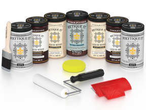 Retique It Red Mahogany Wood'n Kit featuring Red Mahogany Liquid Wood stain, Light Wood primer, Red Mahogany Gel Stain Alternative, paint brush, white roller, yellow sponge, and red graining tools.