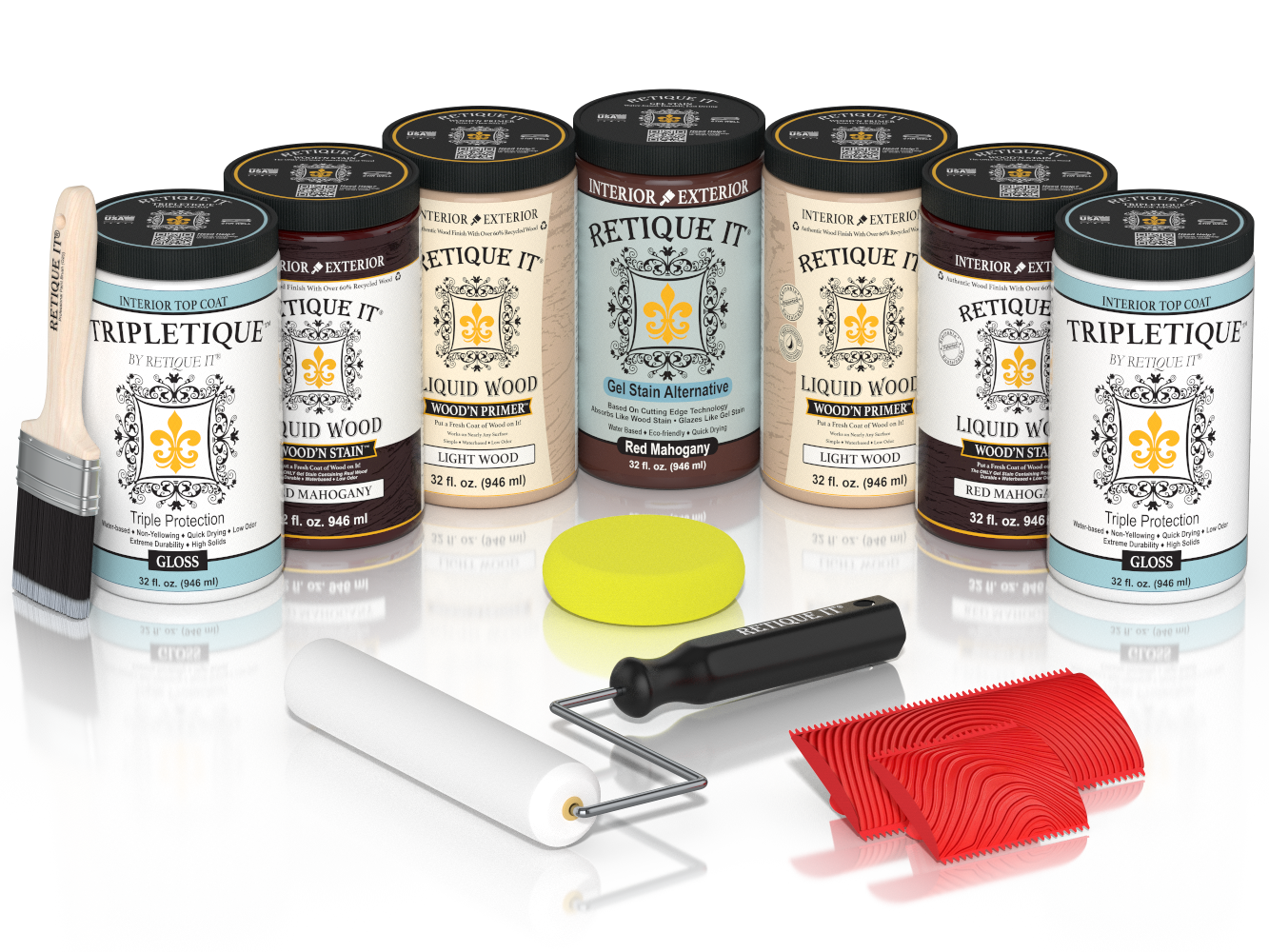 Retique It® Wood'n Cabinet Kit with 24 red mahogany stained cabinet doors, glossy grained wood finish for cabinetry.