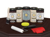 Retique It Wood'n Cabinet Kit with 24 red mahogany stained cabinet doors, displaying wood grain and stain finish on a table.
