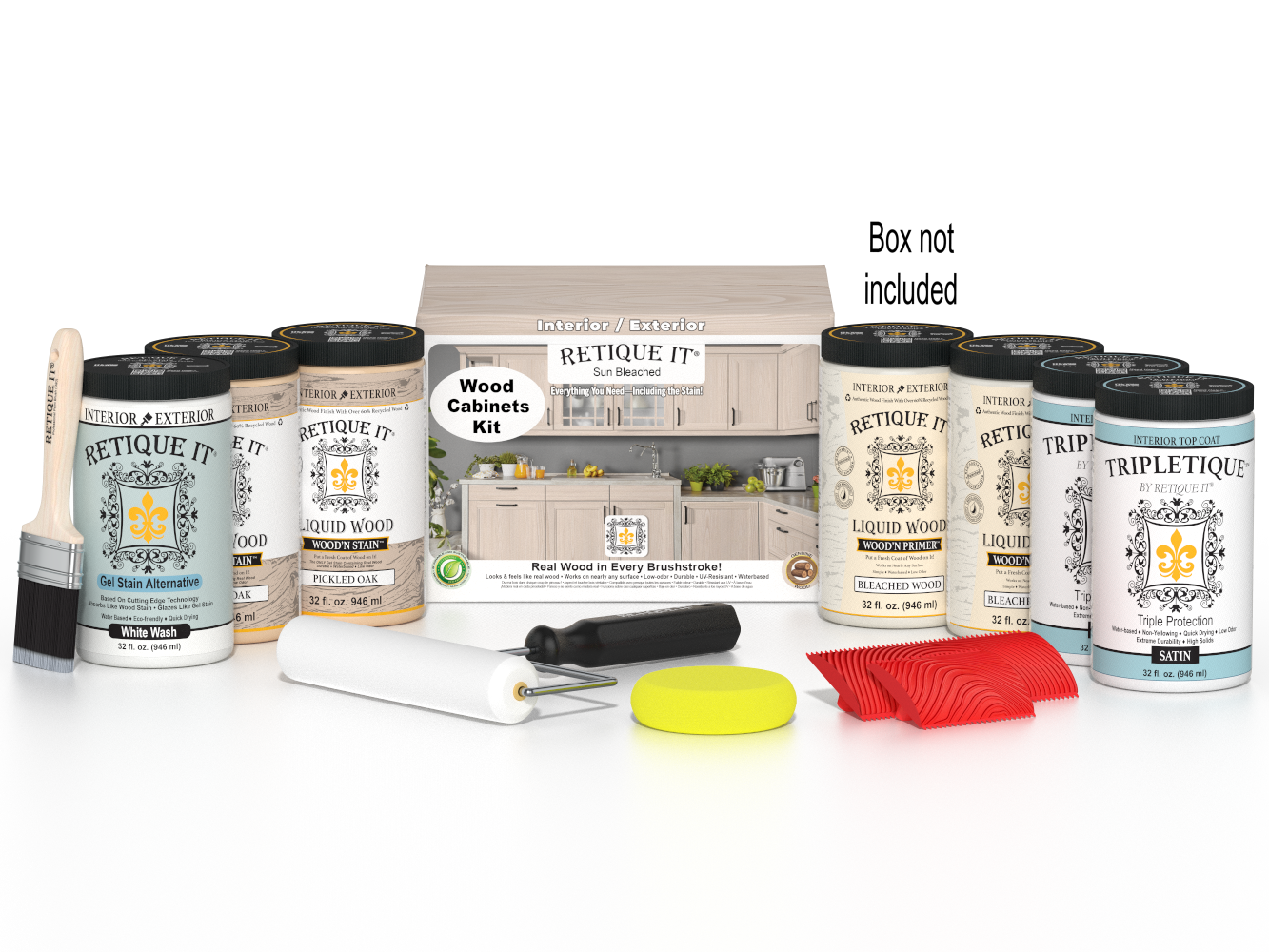 Sun-bleached Wood'n Cabinet Kit with 24 grained doors from Retique It® Wood'n Finish Kits, showing a modern kitchen cabinet setup.