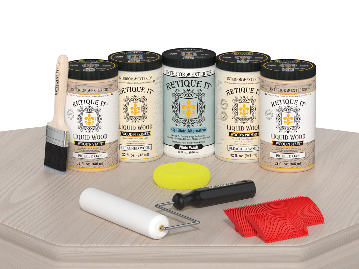 Sun-bleached Wood'n Cabinet Kit with 24 grained doors from Retique It® Wood'n Finish Kits, shown on a cabinet table.