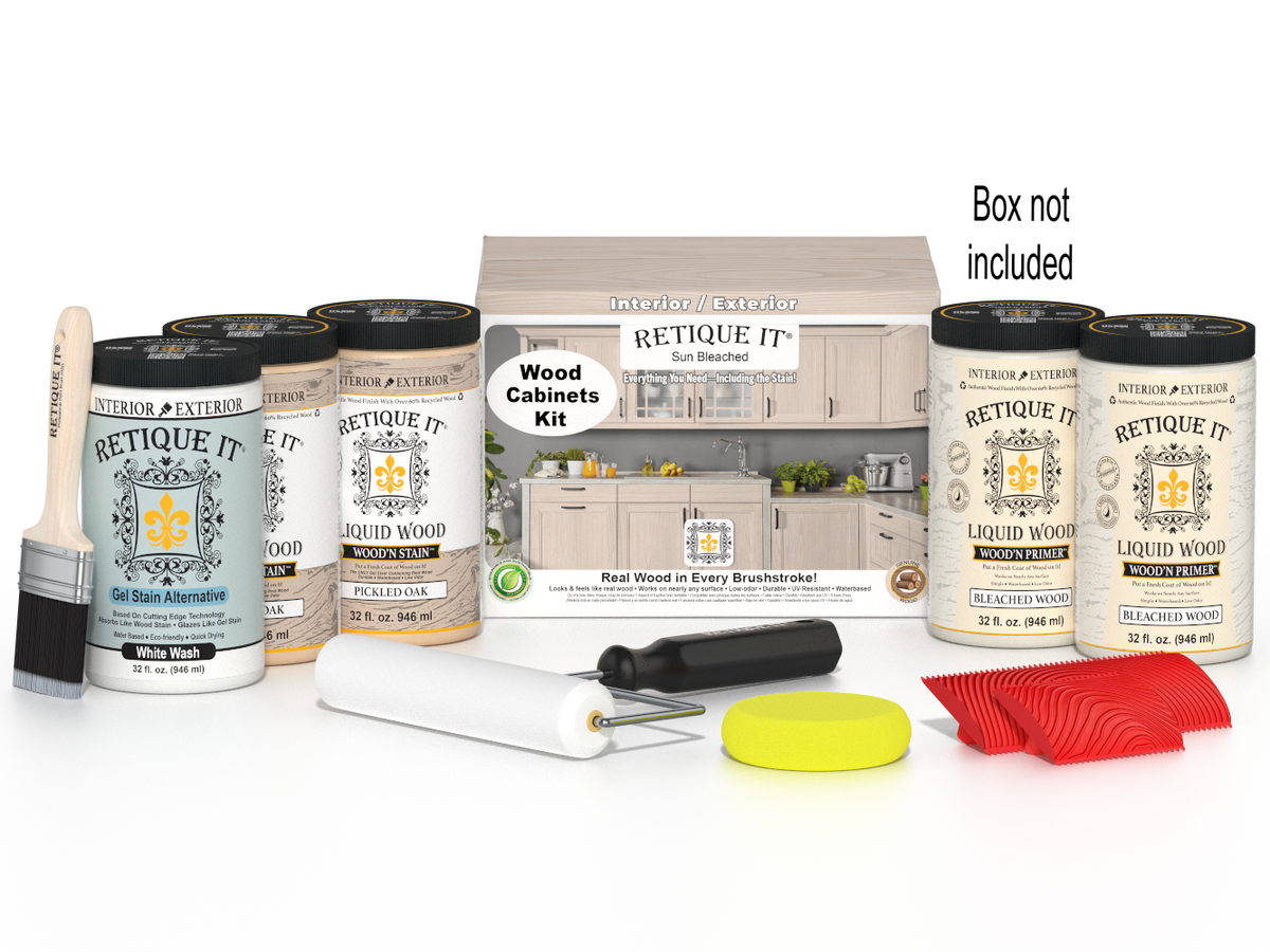 Sun-bleached Wood'n Cabinet Kit with 24 grained cabinet doors from Retique It® Wood'n Finish Kits, shown with packaging.