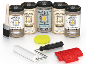 Retique It® Wood'n Cabinet Kit with weathered wood stain, 24 grained cabinet doors for a rustic kitchen or bathroom update.
