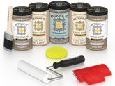Retique It Weathered Wood Kit with Liquid Wood, Weathered Wood Gel Stain Alternative, yellow sponge, red graining tool, roller, and brush.