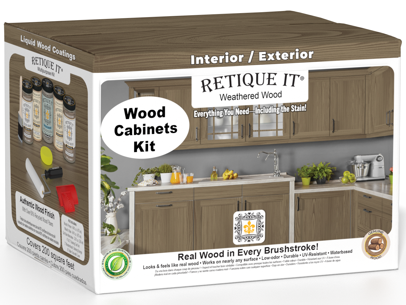 Retique It® Wood'n Cabinet Kit with weathered wood stain, 24 grained cabinet doors for a rustic, textured kitchen or storage space.