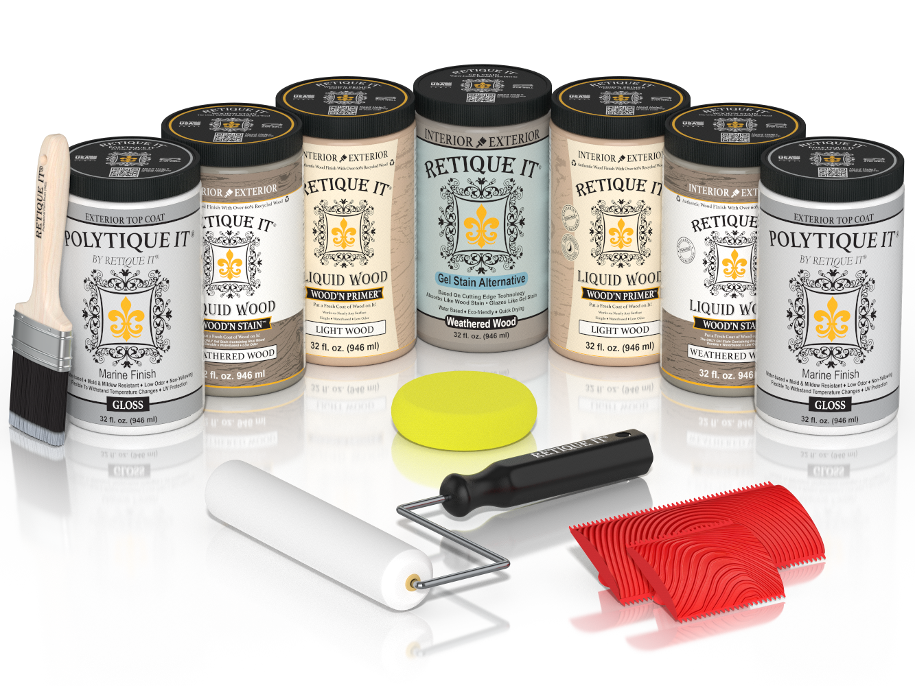 Retique It Weathered Wood Kit with Liquid Wood, Weathered Wood Gel Stain Alternative, Politique It Gloss Finish, yellow sponge, red graining tool, rollers, and brush.