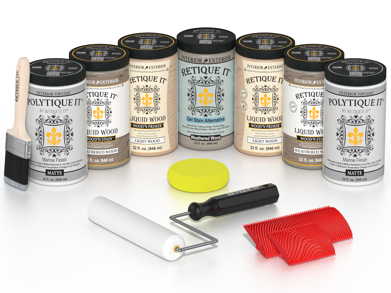 Retique It Weathered Wood Kit with Liquid Wood, Weathered Wood Gel Stain Alternative, Politique It Matte Finish, yellow sponge, red graining tool, roller, and brush.