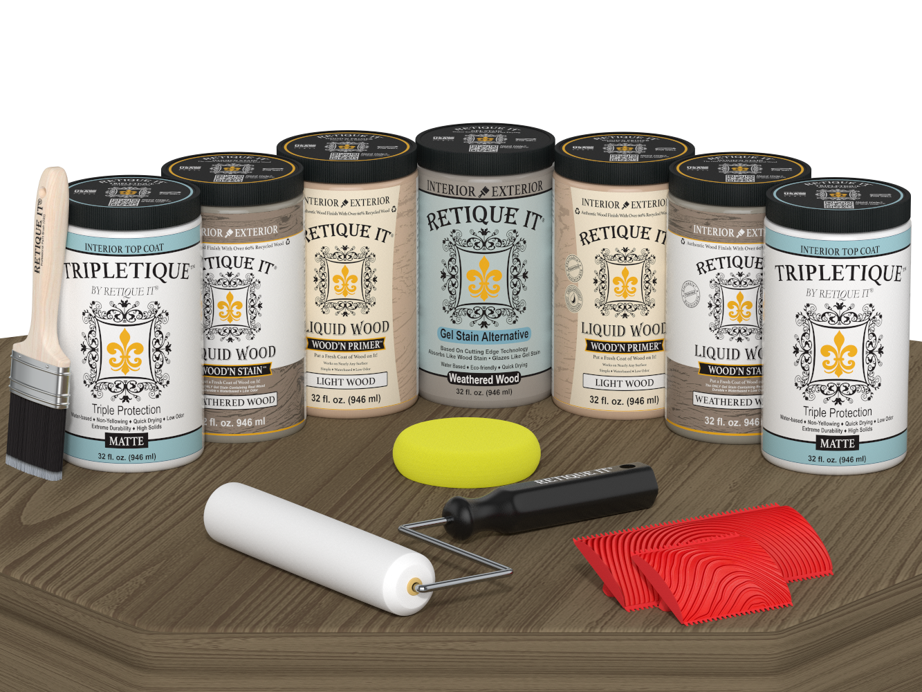 Retique It® Wood'n Cabinet Kit with weathered wood stain, 24 grained cabinet doors, matte finish, shown on table.