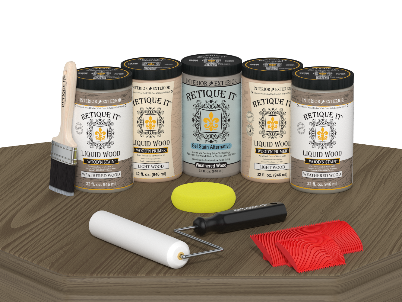 Weathered wood stain sample for Wood'n Cabinet Kit by Retique It®, showcasing natural grain and weathered finish on a wooden surface.