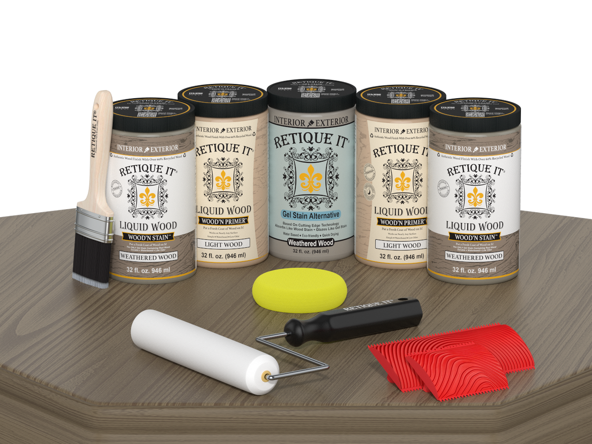 Weathered Wood stain sample from Retique It® Wood'n Cabinet Kit with 24 grained doors, showcasing a weathered wood finish.