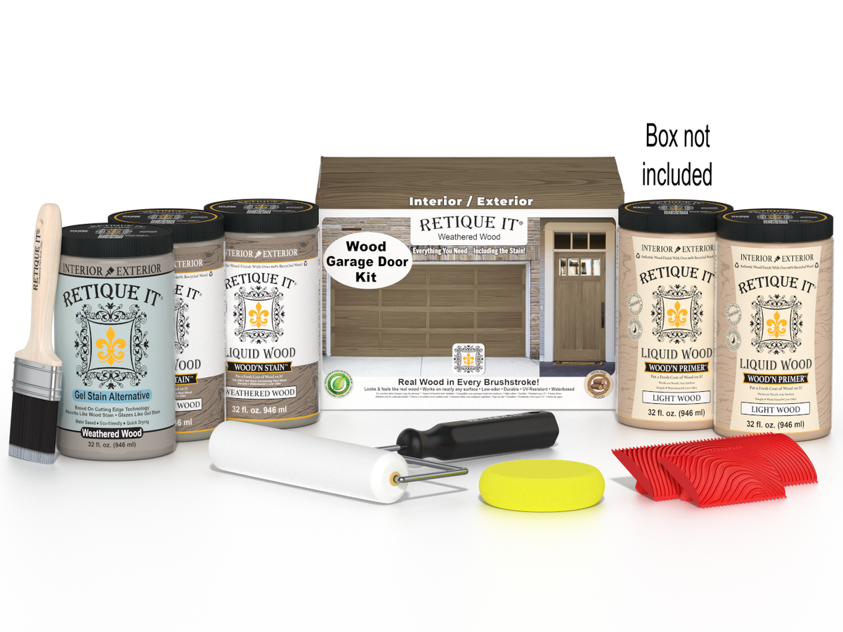 Retique It® Weathered Wood Wood Garage Door Kit with Liquid Wood®, Weathered Wood Gel Stain Alternative, yellow sponge, red graining tool, roller, brush, and kit box.