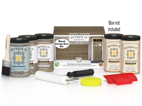 Retique It Weathered Wood Wood Garage Door Kit with Liquid Wood, Weathered Wood Gel Stain Alternative, yellow sponge, red graining tool, roller, brush, and kit box.