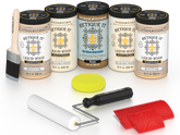 Retique It® White Oak Kit with Liquid Wood®, Pecan Gel Stain Alternative, yellow sponge, red graining tool, roller, and brush.
