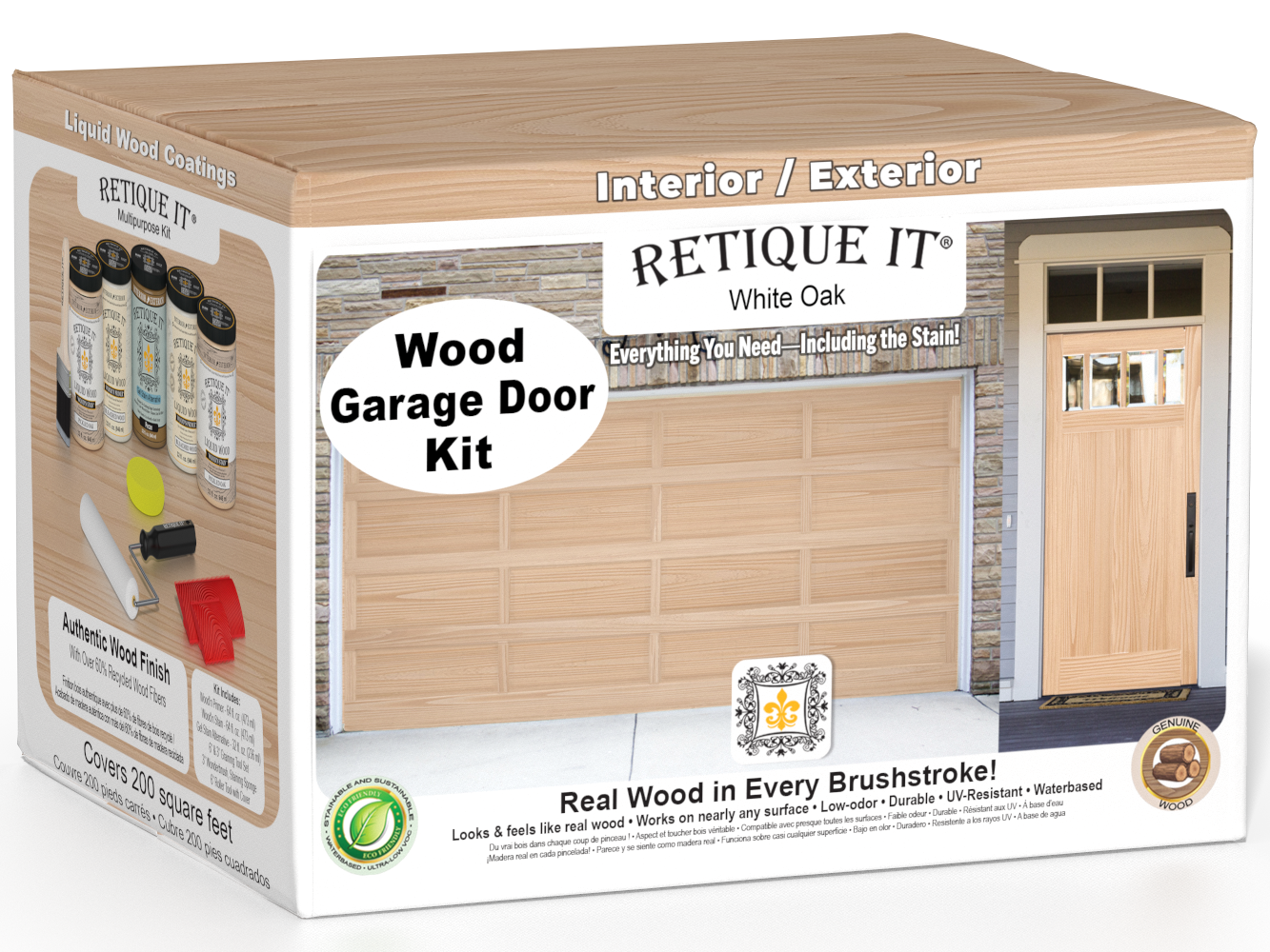 Retique It® White Oak Wood Garage Door Kit box featuring garage door and entry door wood finish transformation.