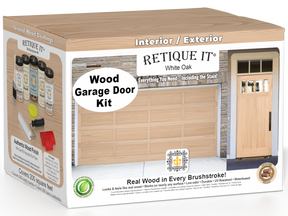 Retique It® White Oak Wood Garage Door Kit box featuring garage door and entry door wood finish transformation.