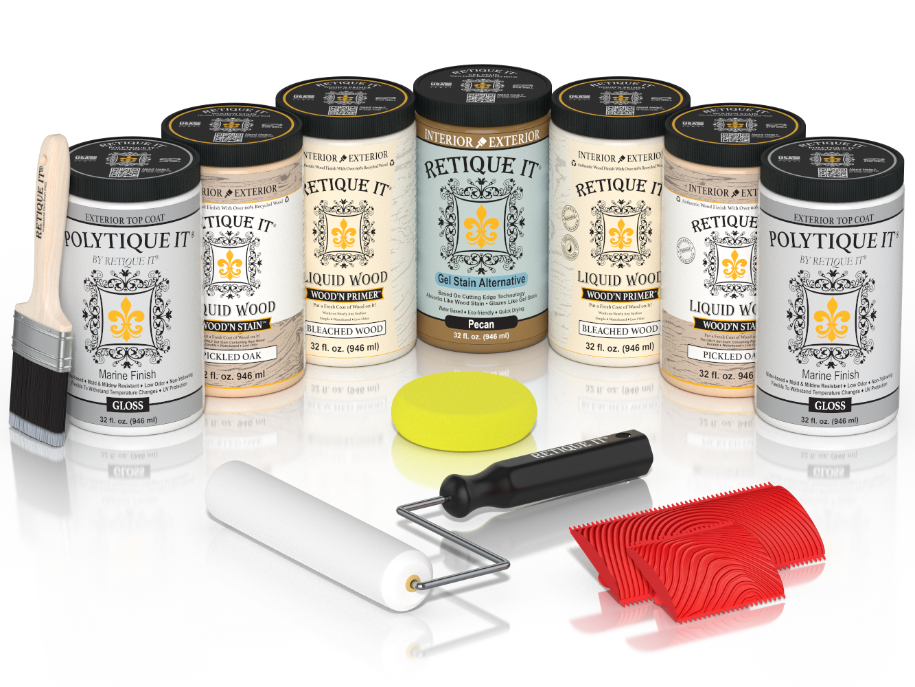 Retique It® White Oak Kit with Liquid Wood®, Pecan Gel Stain Alternative, Politique It® Gloss Finish, yellow sponge, red graining tool, rollers, and brush.