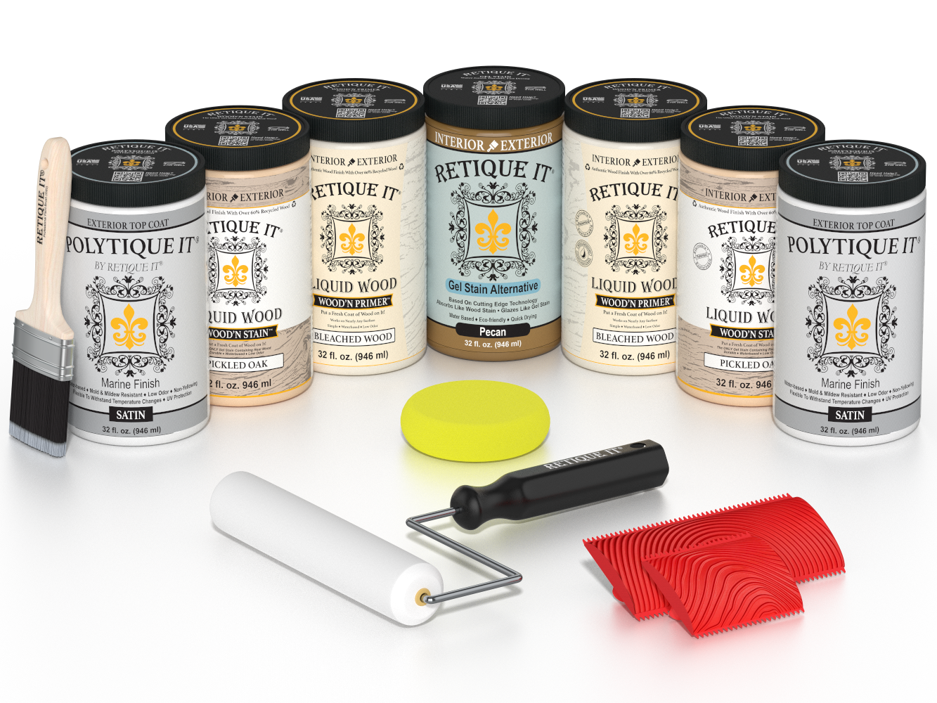 Retique It® White Oak Kit with Liquid Wood®, Pecan Gel Stain Alternative, Politique It® Satin Finish, yellow sponge, red graining tool, roller, and brush.