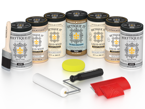 Retique It® White Oak Kit with Liquid Wood®, Pecan Gel Stain Alternative, Politique It® Satin Finish, yellow sponge, red graining tool, roller, and brush.