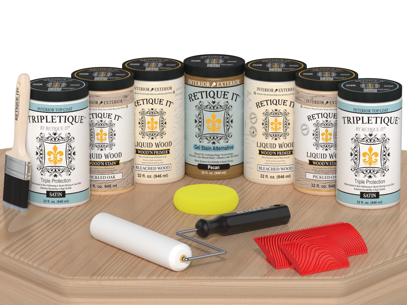 Retique It® Wood'n Cabinet Kit with 24 white oak stained, grained cabinet doors in satin finish, displayed on a table.