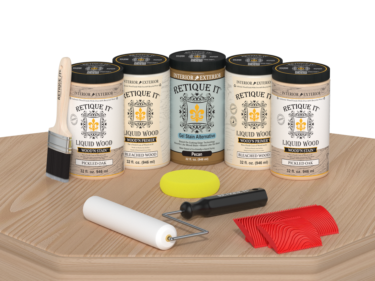 Retique It® Wood'n Cabinet Kit with 24 grained white oak stain doors, showcasing natural wood grain on a tabletop.