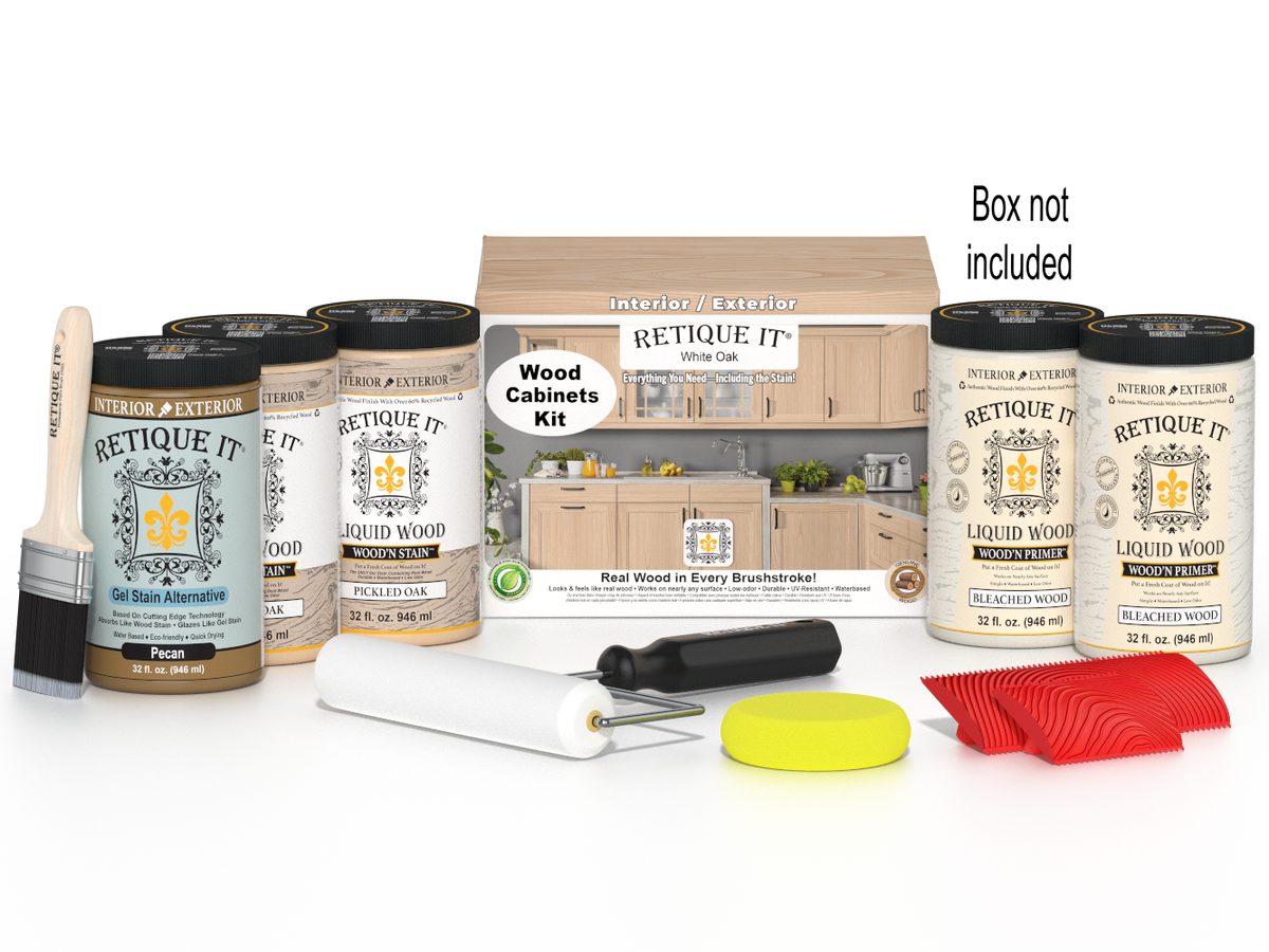 Retique It® Wood'n Cabinet Kit with 24 grained white oak doors, stain kit for wood cabinets, includes box and cabinet images.