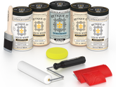 Retique It White Wash Kit with Liquid Wood, White Wash Gel Stain Alternative, yellow sponge, red graining tool, roller, and brush.