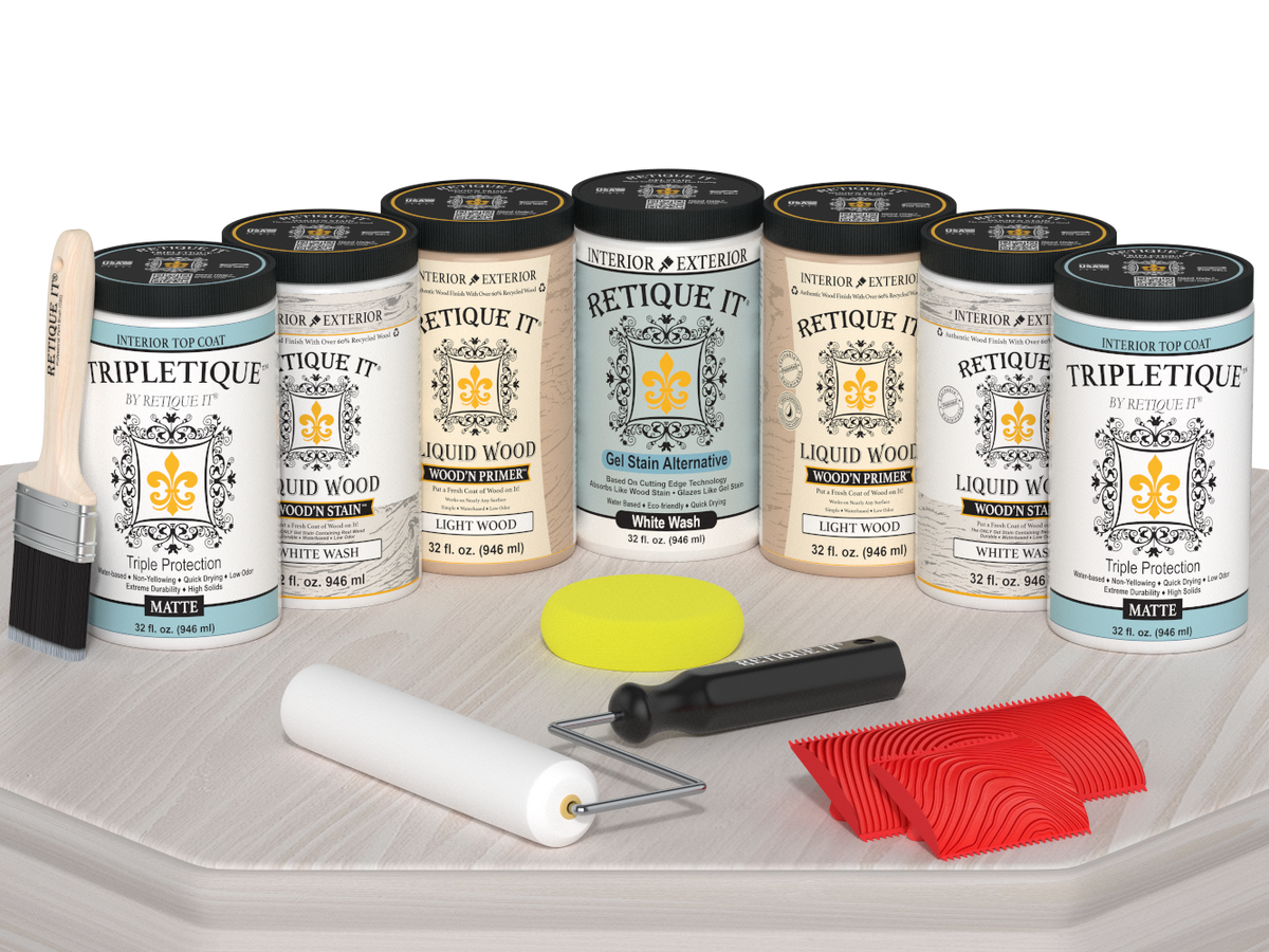 Retique It® Wood'n Cabinet Kit with 24 grained white wash stain finish, matte stain applied on cabinet door surface.