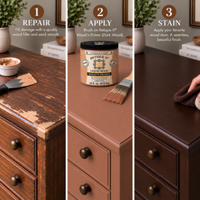Three-step cabinet refinishing guide: repair damage, apply Retique It Wood’n Primer in Dark Wood, then apply wood stain.