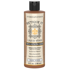 Retique It Liquid Wood Wood'n Primer in Dark Wood, 8 fl oz, showing the primer container with dark wood finish and label.