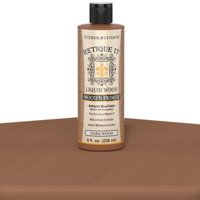 Retique It Liquid Wood Wood'n Primer in Dark Wood finish, 8 fl oz, applied to a furniture table for a rich, dark wood look.
