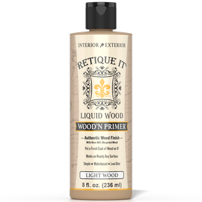 Retique It® Liquid Wood Wood'n Primer in Light Wood, 8 fl oz, showing the primer bottle with light wood finish on the label.